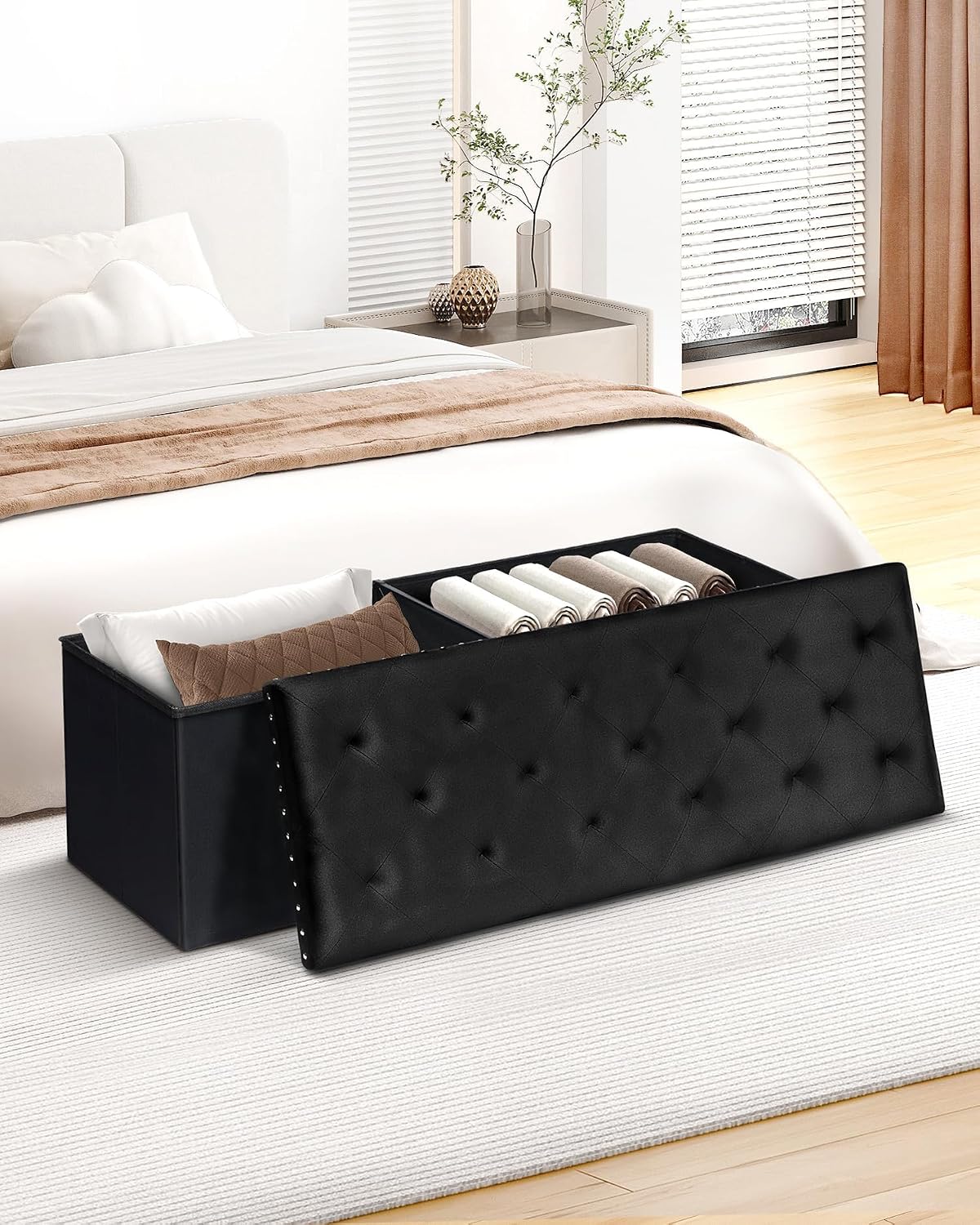 B FSOBEIIALEO Storage Ottoman Bench, 43" Velvet Ottoman With Storage, Black
