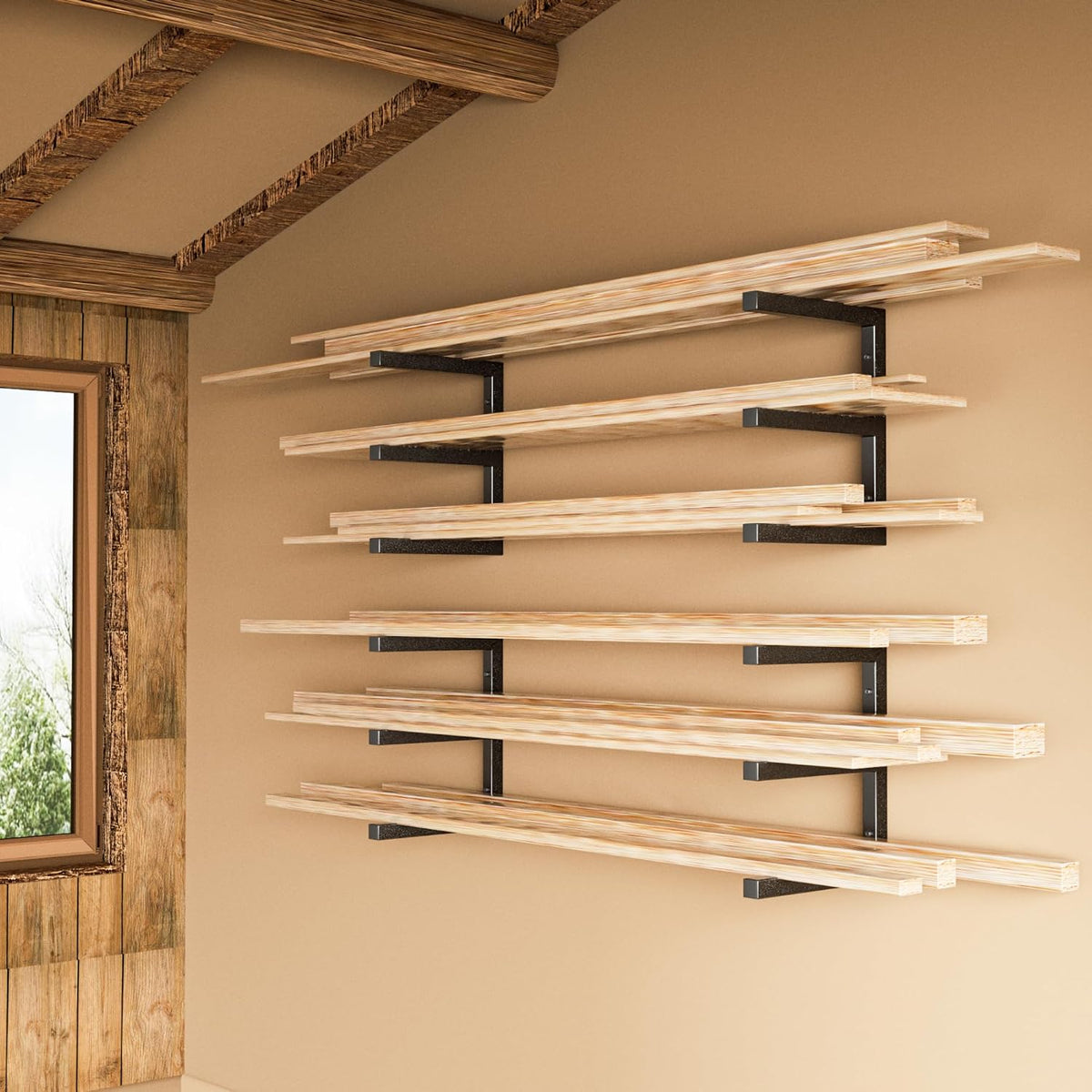 Wood Organizer and Lumber Storage Rack Wall Mount, Heavy Duty Metal Shelf with 6-Level Holds Up 1200 LBS, Indoor & Outdoor Use - Black