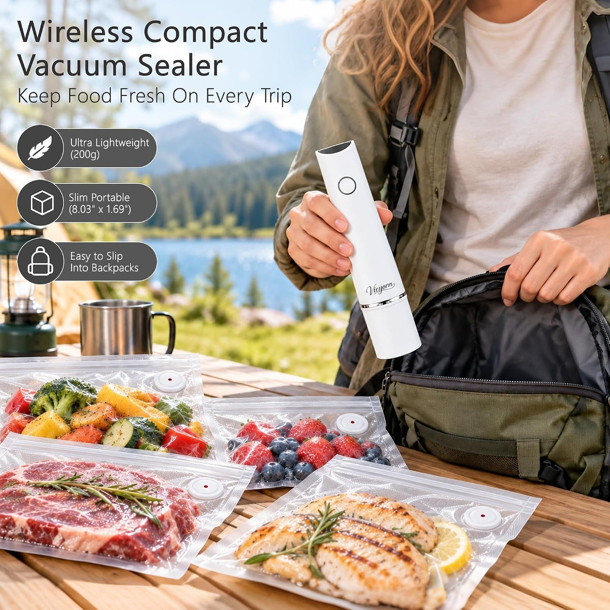 60kPa Compact Food Vacuum Sealer Kit with 30 Reusable Bags-10S/M/L