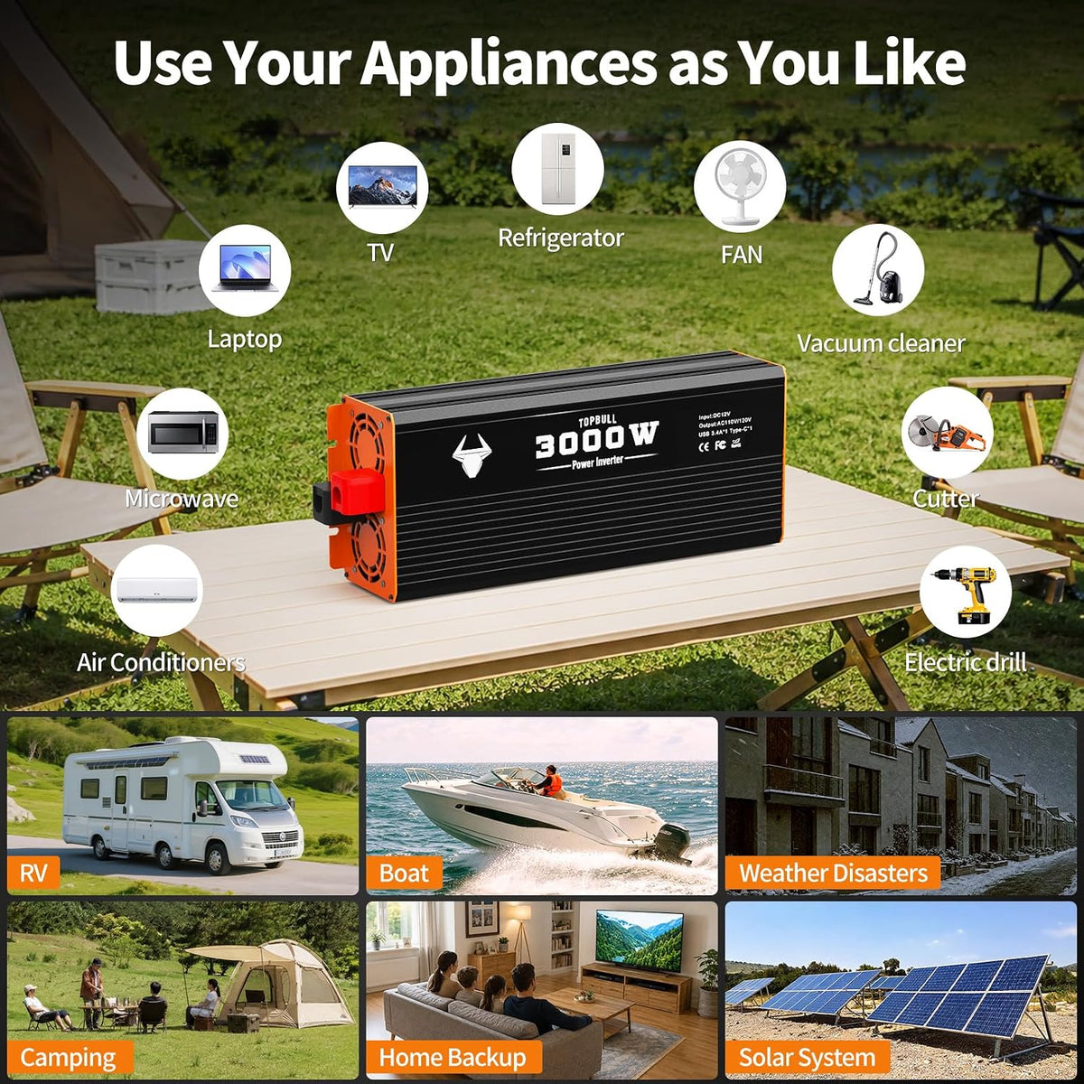 3000W Power Inverter Car/Home 12V DC to 110V/120V AC Car Converter