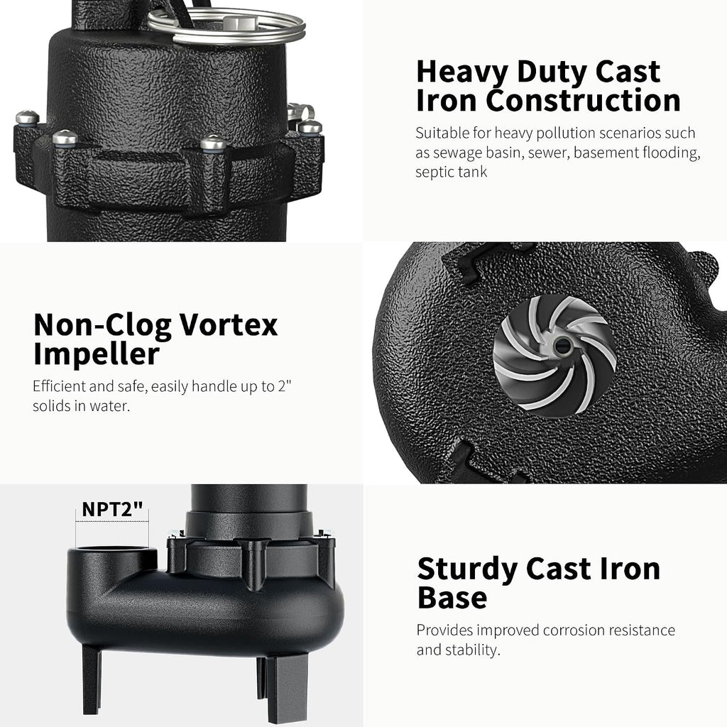 LANCHEZ 1HP 6600 GPH Submersible Sewage Pump, Heavy Duty Cast Iron Effluent Pump with Automatic Tethered Float Switch, Sump Pump for Sump Basin