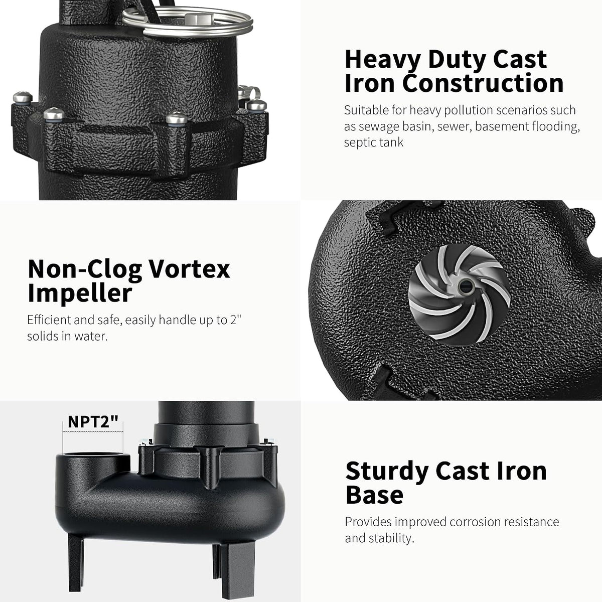 LANCHEZ 1HP 6600 GPH Submersible Sewage Pump, Heavy Duty Cast Iron Effluent Pump with Automatic Tethered Float Switch, Sump Pump for Sump Basin