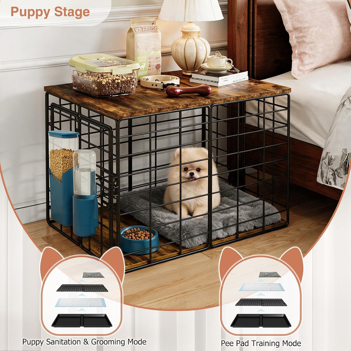 24 Inch Small Dog Crate Furniture - All-Season Indoor Dog Kennel with Wooden Top & Thickened Metal Wire, Cage for Small Dogs & Puppies Under 20 lbs.