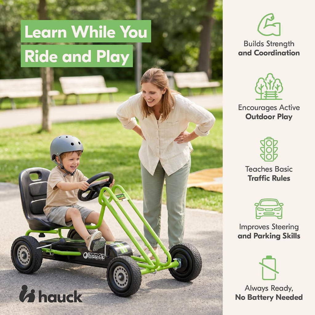 Hauck Lightning - Pedal Go Kart for Kids Ages 4-8, Adjustable Bucket Seat, Plastic Wheels with Rubber Profile, Handbrake for both rear wheels, Ride
