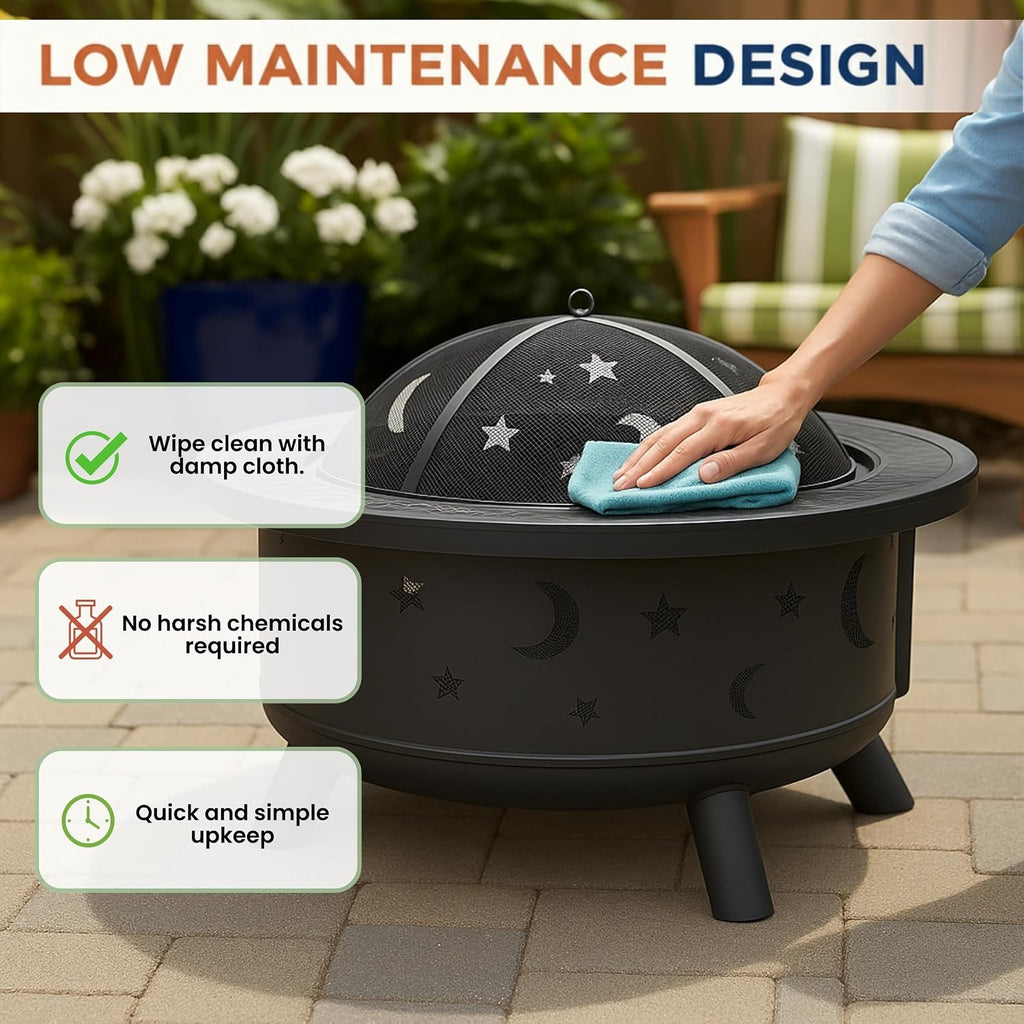 Pure Garden Round Outdoor Fire Pit with Star Cutouts, Black, 32-Inch