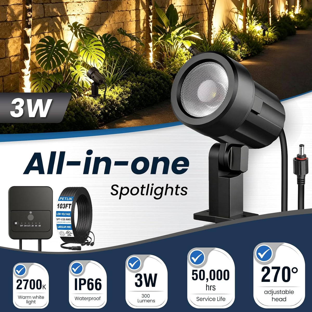 Low Voltage Landscape Lights Kit, Plug & Play 3W Warm White, 12-Pack