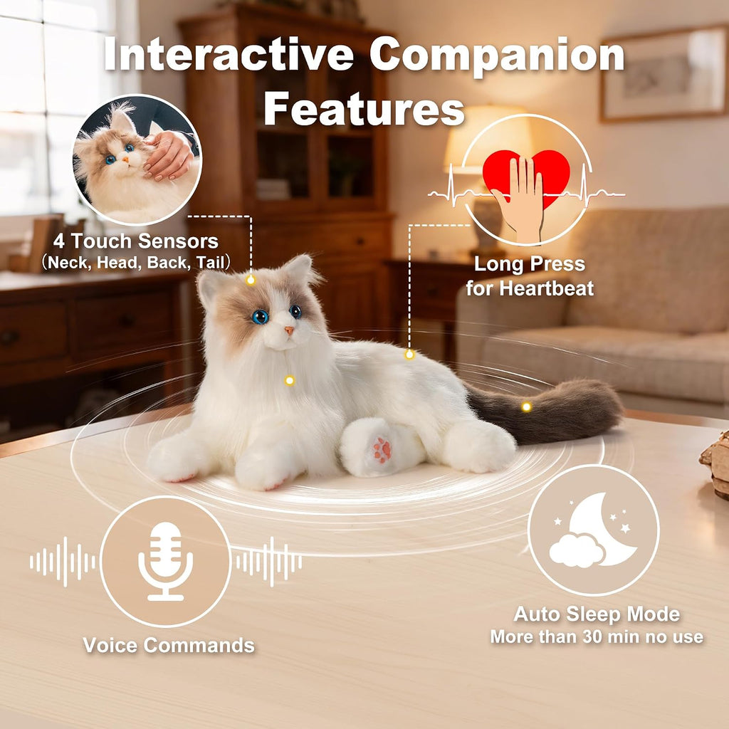 Chongker Interactive Companion Robot Cat Pets, Handmade Weighted Stuffed Animals, Cat Plush Toy with Voice Response, Realistic Heartbeat and Purring