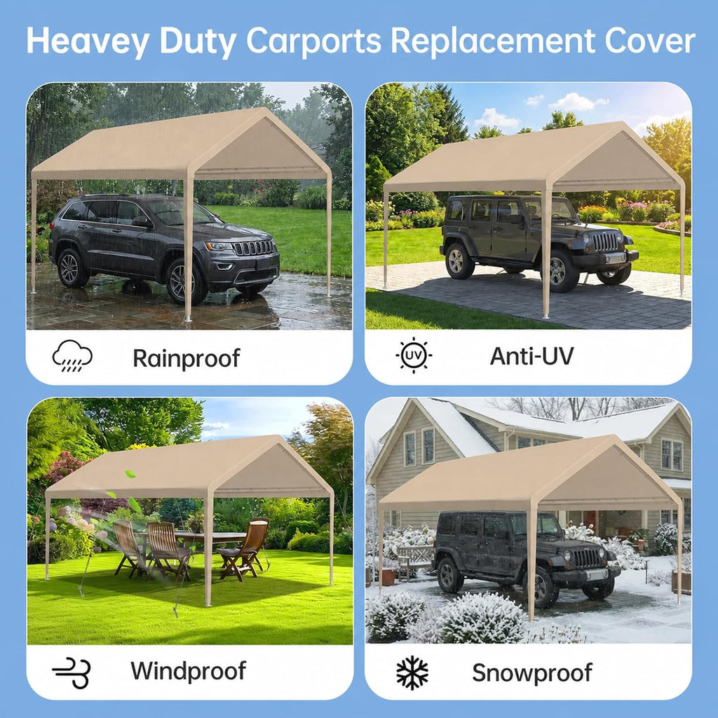 10x20 FT Carport Replacement Canopy Top, 800D Oxford Heavy Duty Waterproof Tarp Cover with 36 Ball Bungees, UV Protection Garage Shelter Replacement