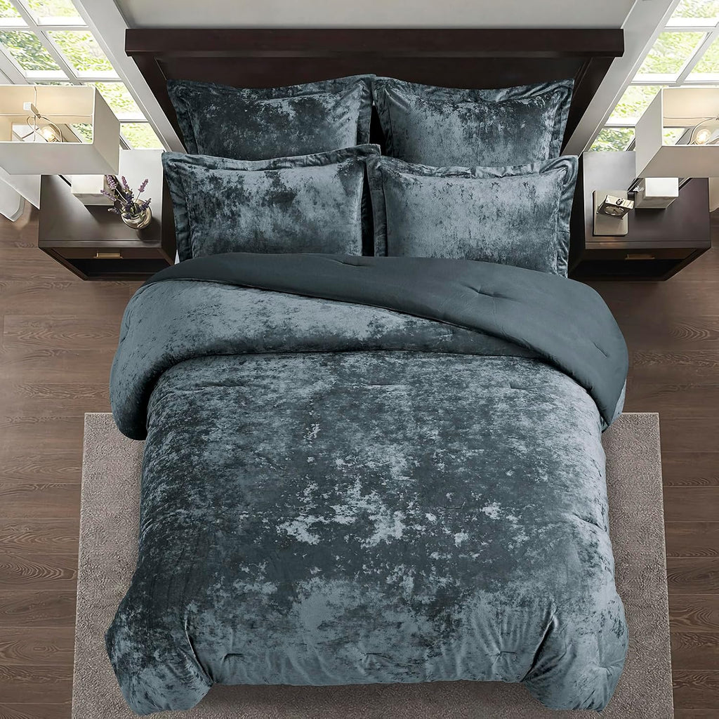 Fredsure Distressed Velvet Comforter Set, 5 Pieces Smoke Blue King, Distressed Velvet Face and Brushed Microfiber Reverse