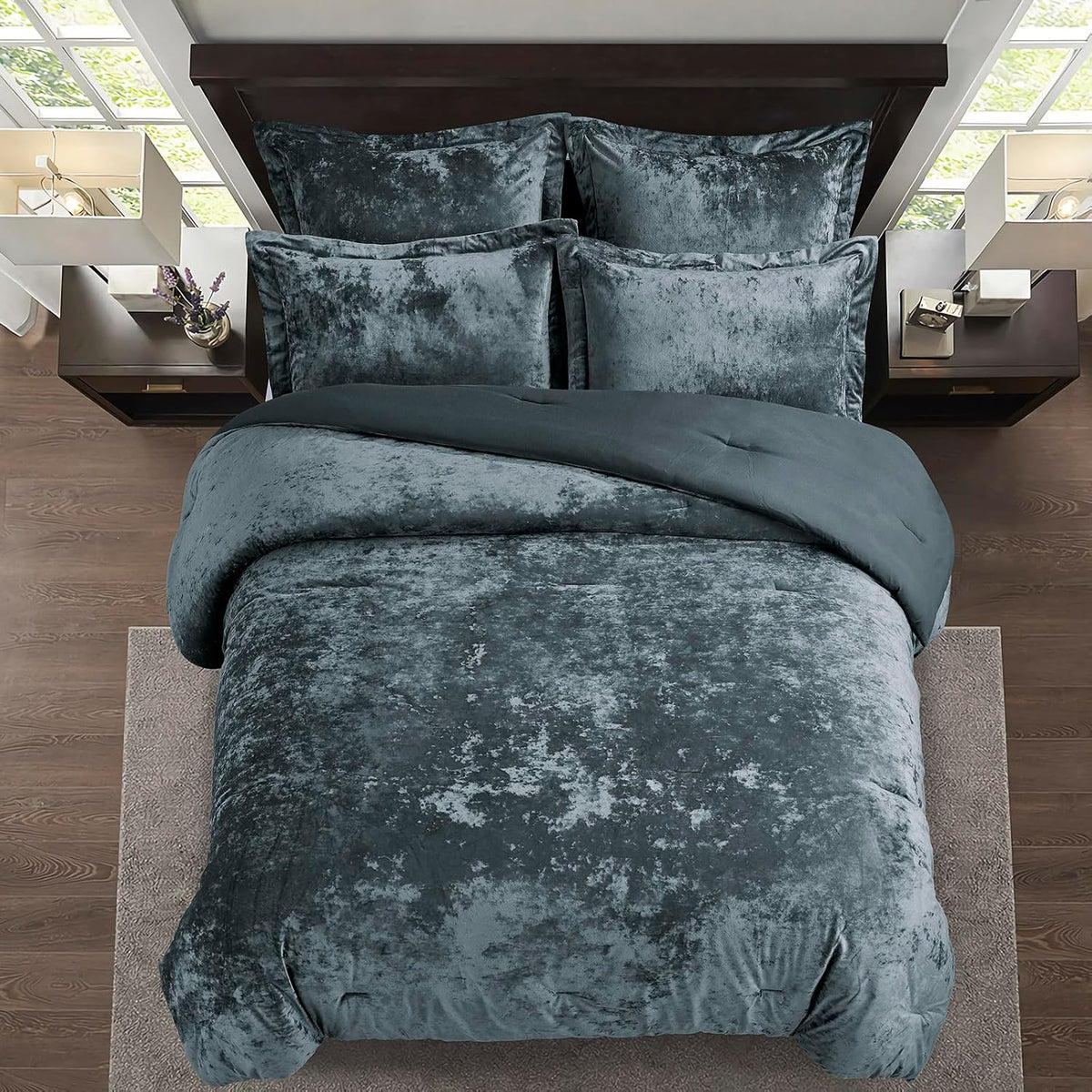 Fredsure Distressed Velvet Comforter Set, 5 Pieces Smoke Blue King, Distressed Velvet Face and Brushed Microfiber Reverse