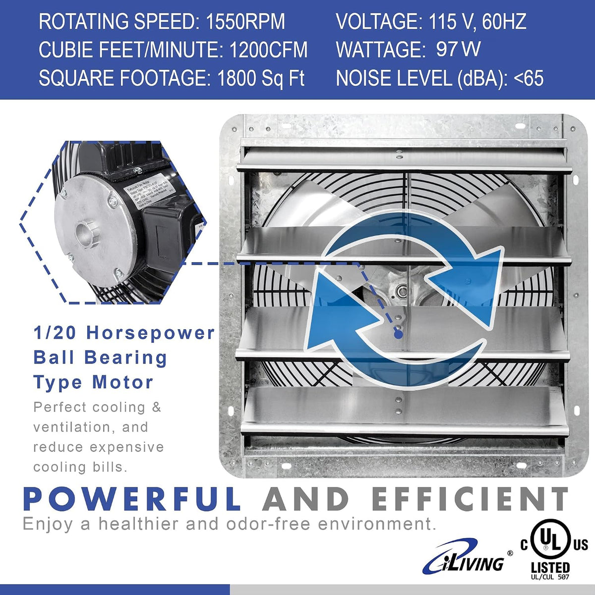 iLIVING 16" Wall Mounted Shutter Exhaust Fan, Automatic Shutter, with Thermostat and Variable Speed controller, 0.85A, 1200 CFM, 1800 SQF Coverage