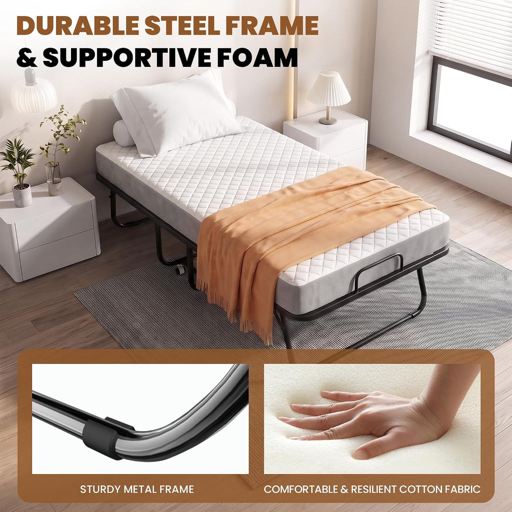 Folding Bed with Mattress, 75"x38" Portable Rollaway Guest Bed