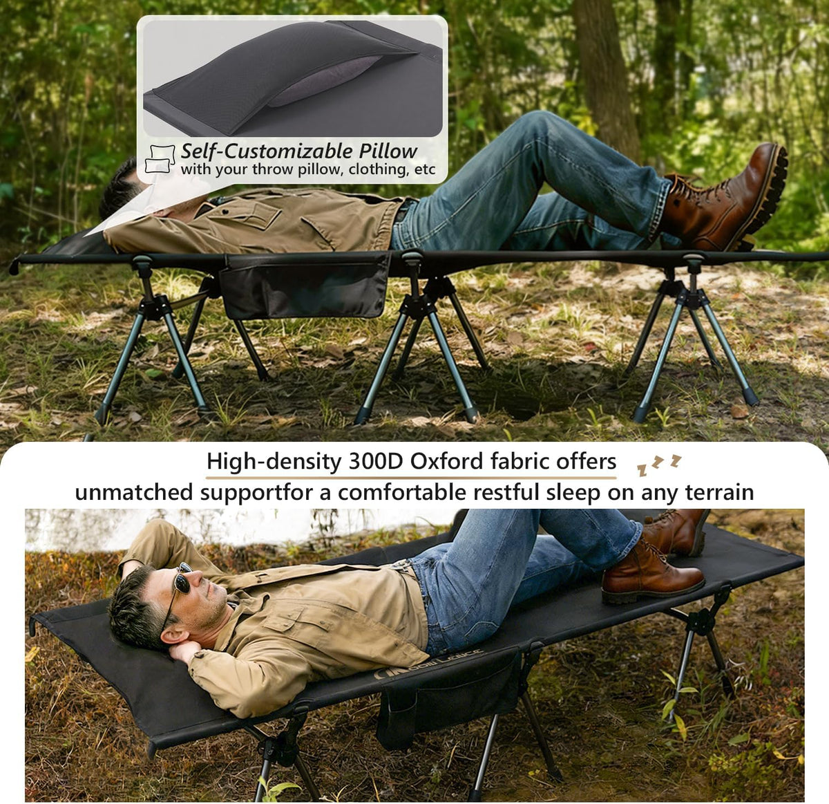 MOON LENCE Camping Cot, Height Adjustable with Cot Leg Extenders, Strong Support 330lbs, Lightweight Comfortable Folding Bed for Camping, Hiking