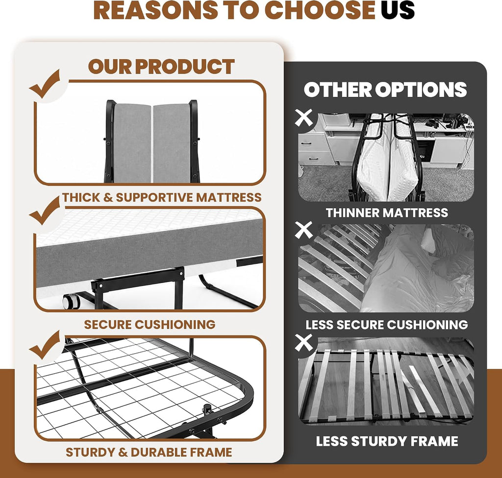 Folding Bed with Mattress, 75"x38" Portable Rollaway Guest Bed