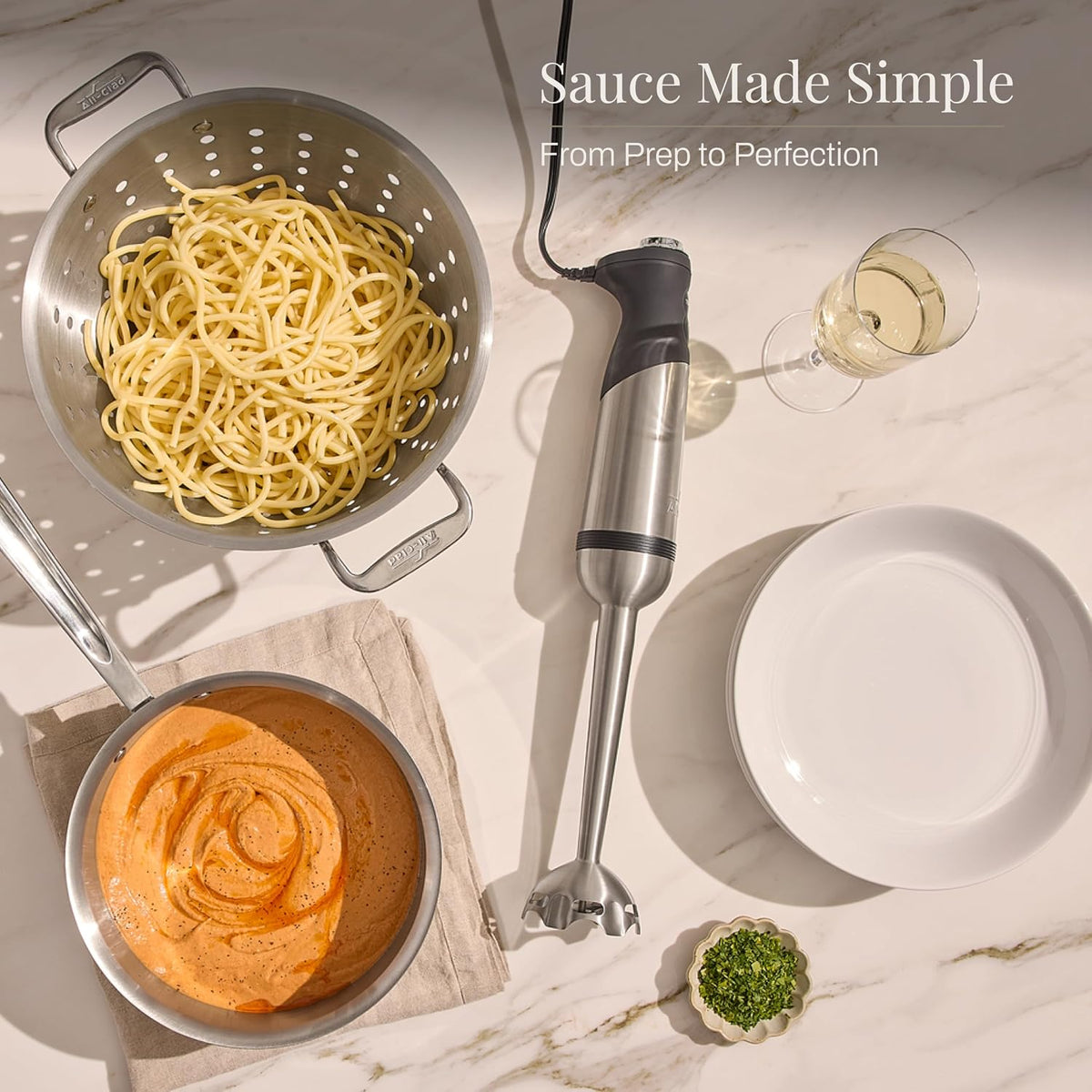 All-Clad Electrics Stainless Steel Immersion Blender 2 Piece Turbo Function 600 Watts Detachable, Variable Speed Control, Hand Blander, 9-1/4-inch