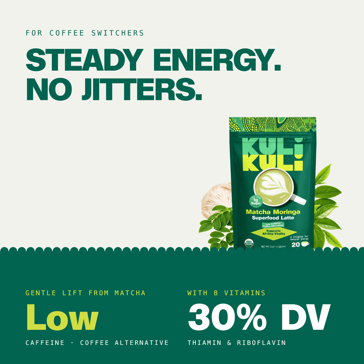 6 pack) Kuli Kuli Organic Matcha Green Tea Moringa Latte, Lion's Mane, Low-Caffeine, 3.41 oz