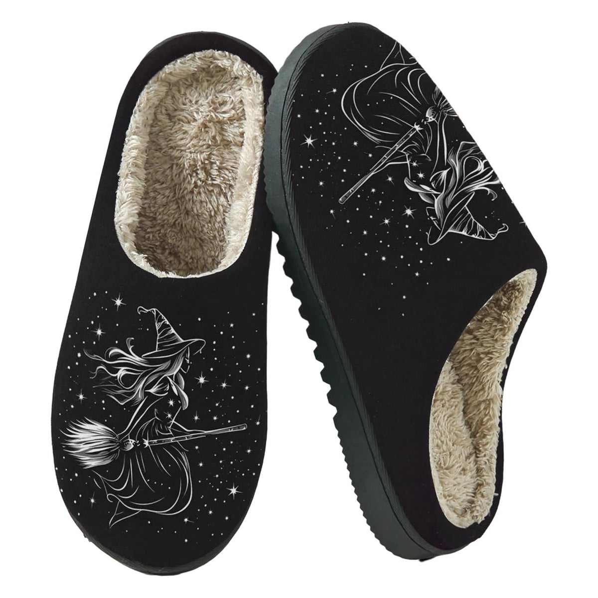 PMVFHDE Halloween Fuzzy Winter Ons Witch Print Flat Indoor Footwear For Home Sole Warm Comfortable Women’s Shoes Black - 10