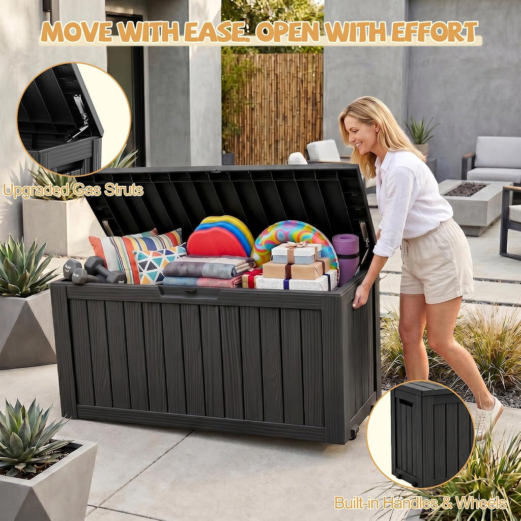 Outdoor Storage Box, 165 Gal Gen 2 Resin Deck Box w/ Gas Struts & Wheels