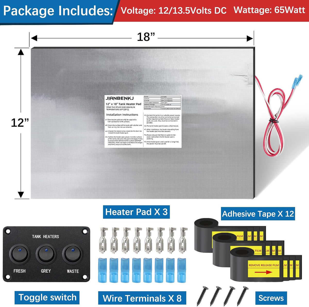 RV Tank Heater Pad 12V/13.5V,12"x18"RV Holding Tank Heater w/Thermostat-3pk