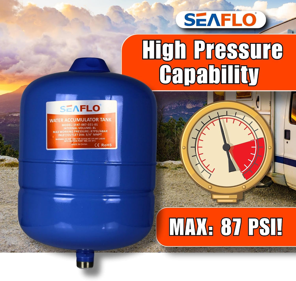 SEAFLO 2 Gallon Pre-Pressurized Accumulator Expansion Tank – Reduces Pump Cycling, Smooth Water Flow, 87 PSI, 3/4" MNPT, Compact Design for RV