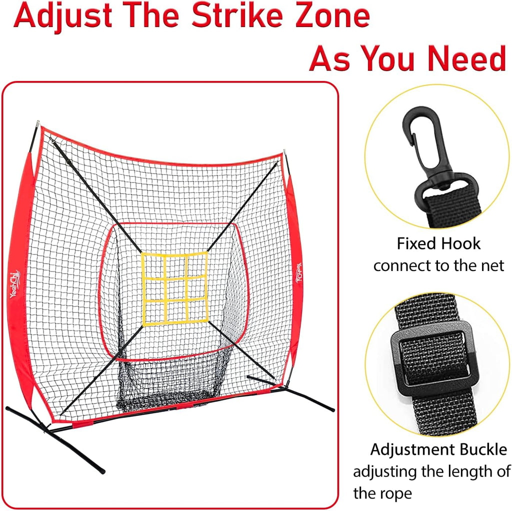 7x7 Ft Baseball and Softball Training Net with Batting Tee, Strike Zone Target, Portable Hitting and Pitching Practice Set