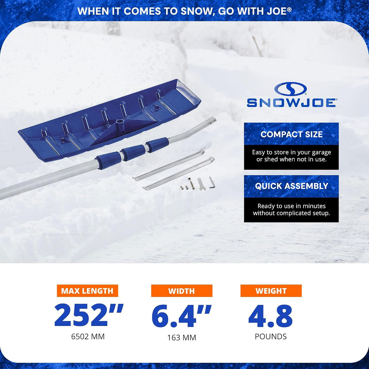 Snow Joe Telescoping Roof Rake, Extendable Leaf & Snow Shovel with Poly Blade, 25 Inch Wide, RJ204M