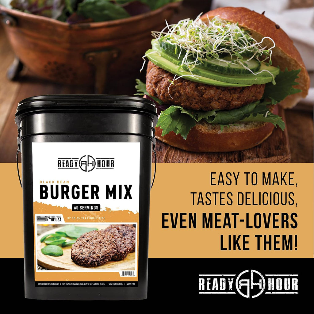 Ready Hour, Black Bean Burger Mix, Real Non-Perishable Recipe, 25-Year Shelf Life, Emergency and Adventure Food Supply, Includes 10 Resealable