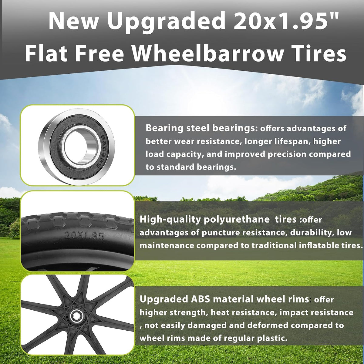 Upgraded 20" Flat Free Wheels for rubbermaid Wheelbarrow Tires