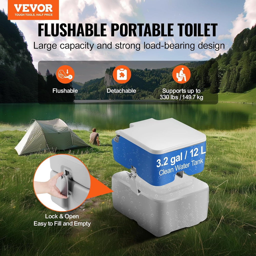 VEVOR Portable Toilet for Camping, RV Toilet with Carry Bag, 5.3 Gal Waste Tank & 3.2 Gal Flush Tank, Push-Button Pressurized Flush Commode, Leak