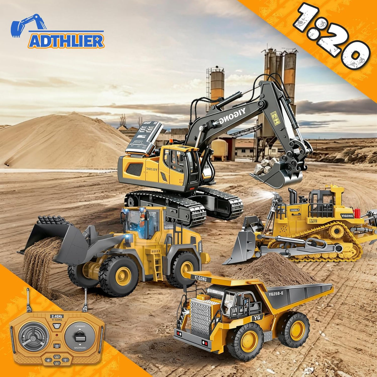 Remote Control Excavator (11-Channel), Dump Truck, Bulldozer, Loader (9-Channel), 2.4GHz Remote Control Construction Vehicles, Made of ABS, with Cool