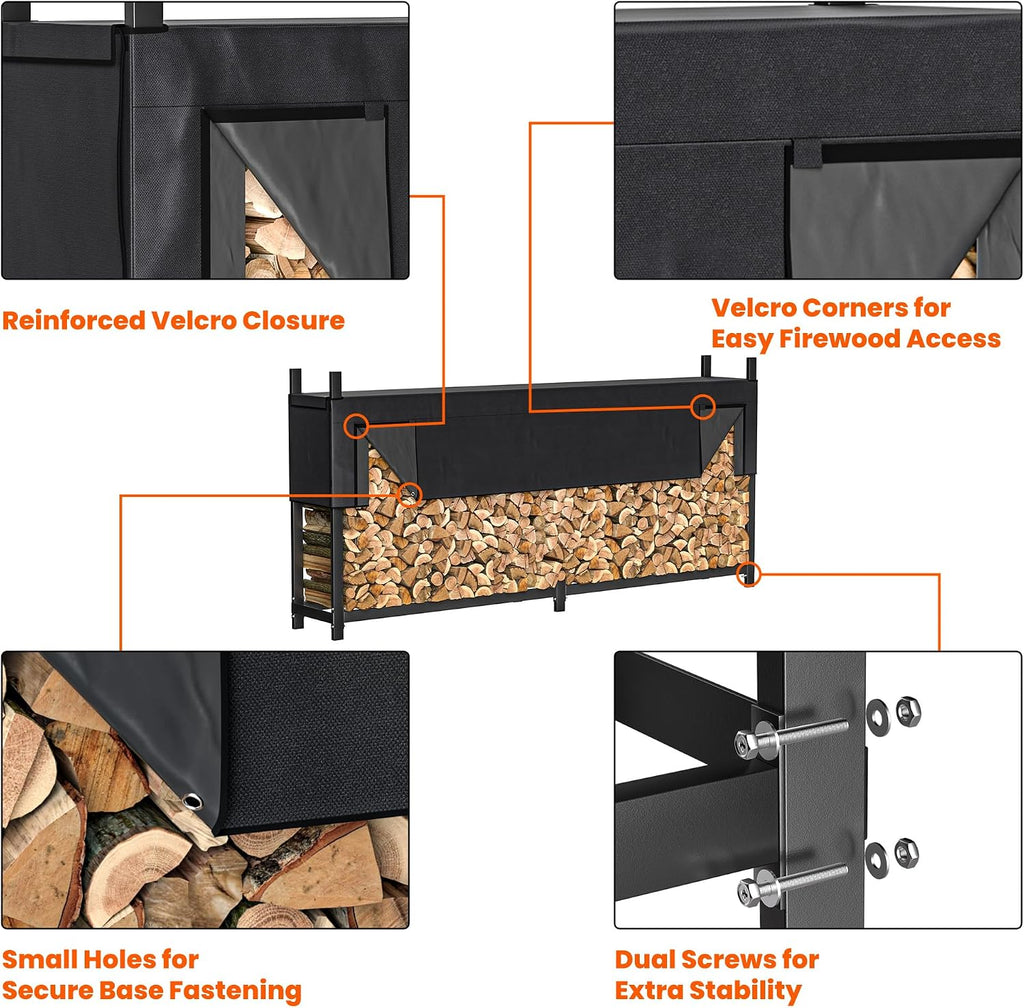 8ft Heavy Duty Firewood Rack with Waterproof Cover