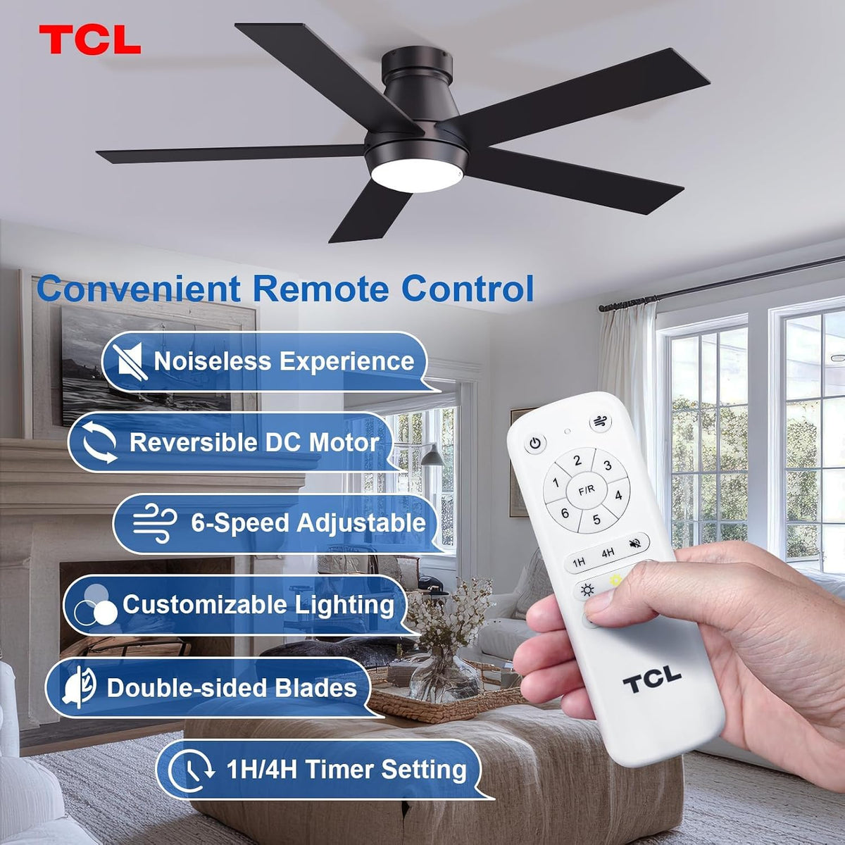 TCL 52" Black Flush Mount Ceiling Fan with Light & Remote