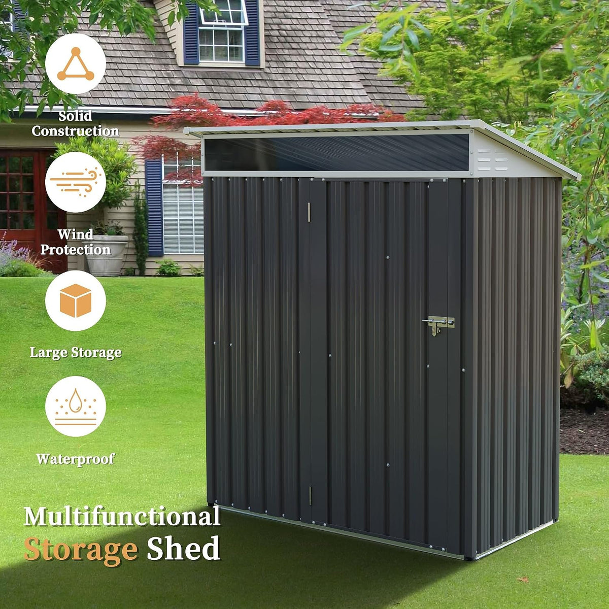 Vongrasig 5 x 3 x 6 FT Outdoor Storage Shed , Metal Garden Shed with Large Window and Lockable Door, Anti-Corrosion Waterproof Tool Shed for Backyard