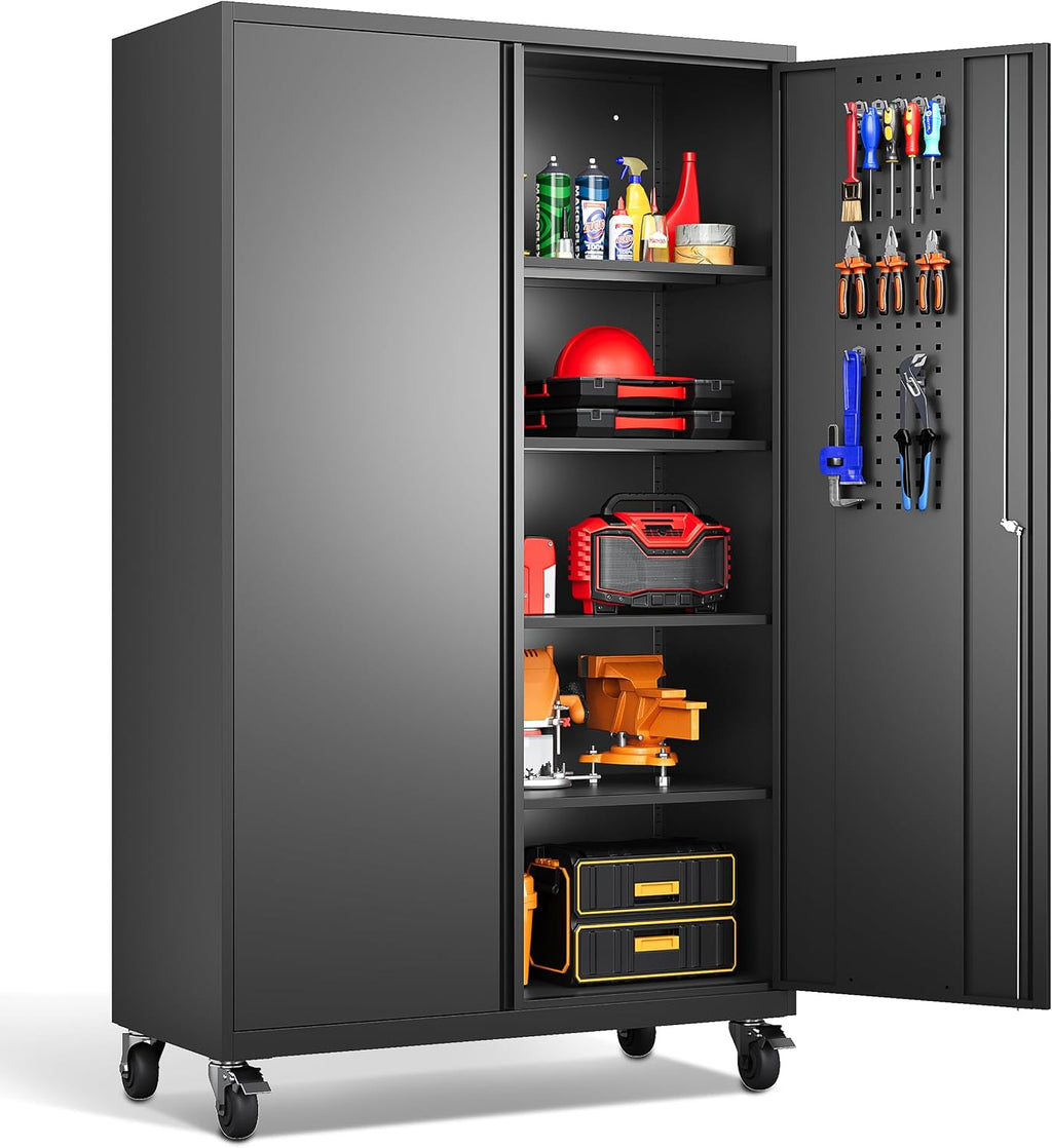 Wide & Deep Metal Storage Cabinet with Wheels,Tall Rolling Garage Storage Cabinet with Lock,Black Metal Cabinets with Shelves and Pegboards,Tool