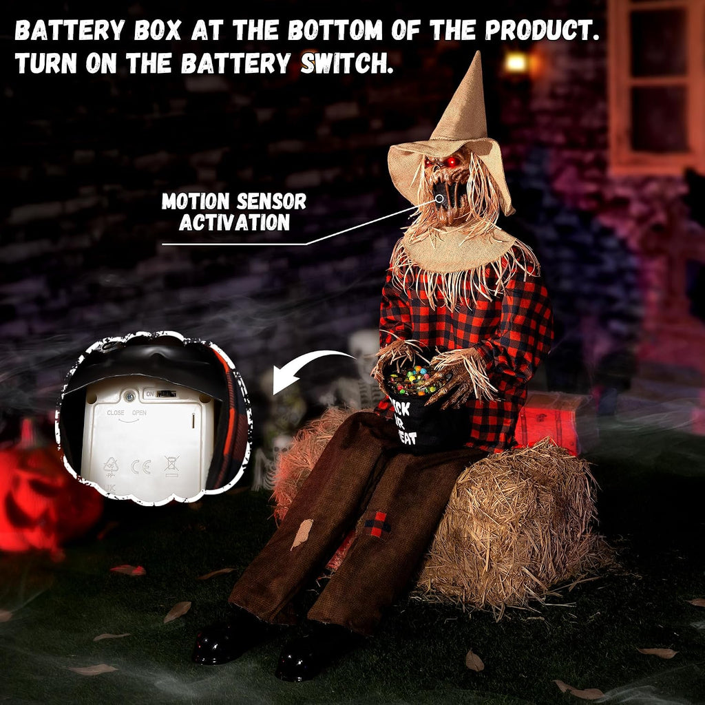 Halloween Animatronics Decorations Scary Sitting Scarecrow with Candy Bag, 55'' Animated Jumpscare Halloween Props with Sound & Motion Activated