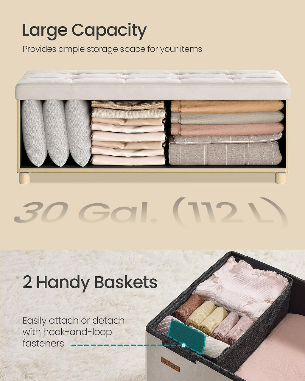 SONGMICS Storage Ottoman Bench with Legs, 43.3 Inches, 30 Gal. (112 L)
