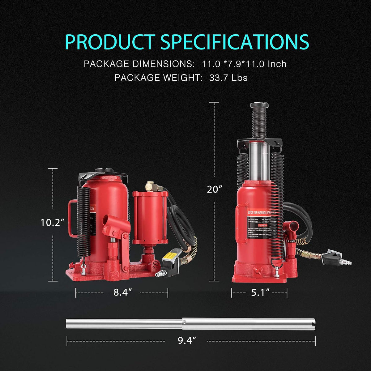 SPECSTAR 20 Ton Pneumatic Air Hydraulic Bottle Jack with Manual Hand Pump