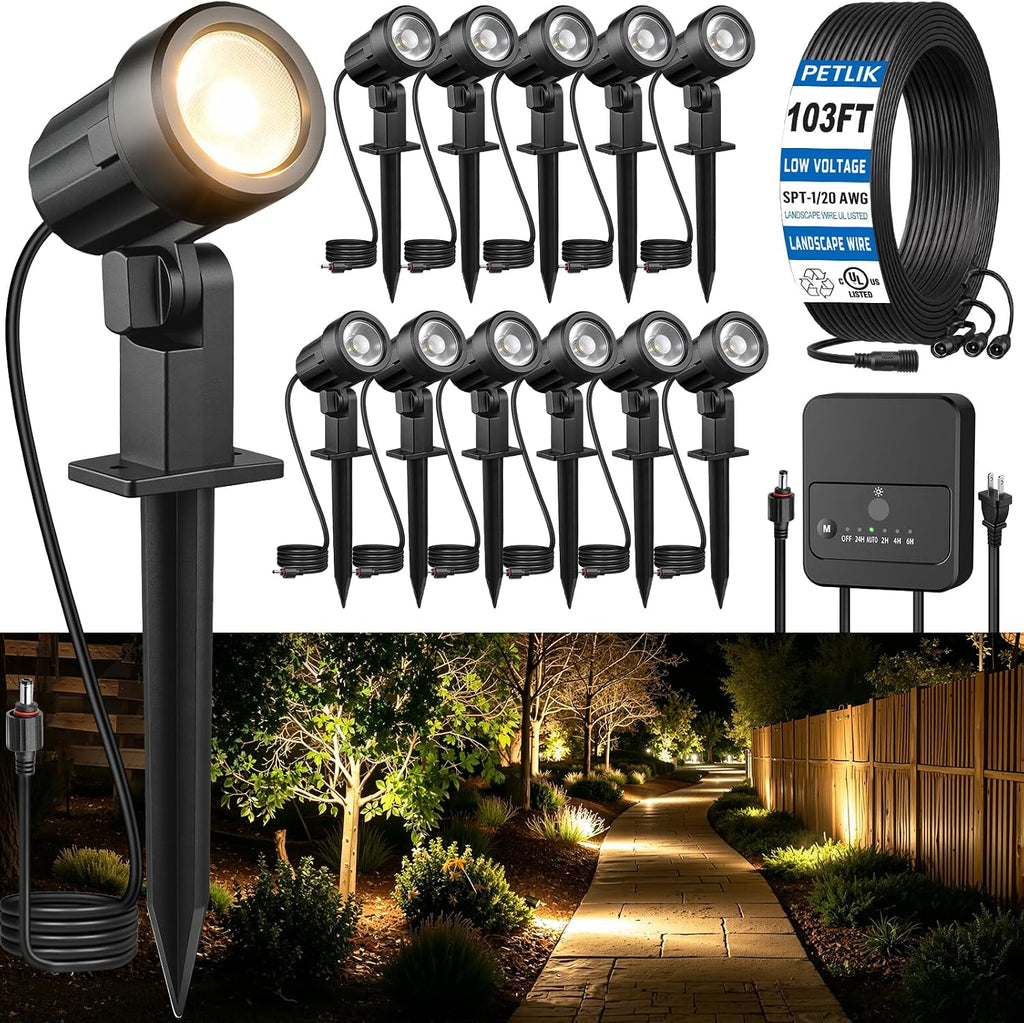 Low Voltage Landscape Lights Kit, Plug & Play 3W Warm White, 12-Pack