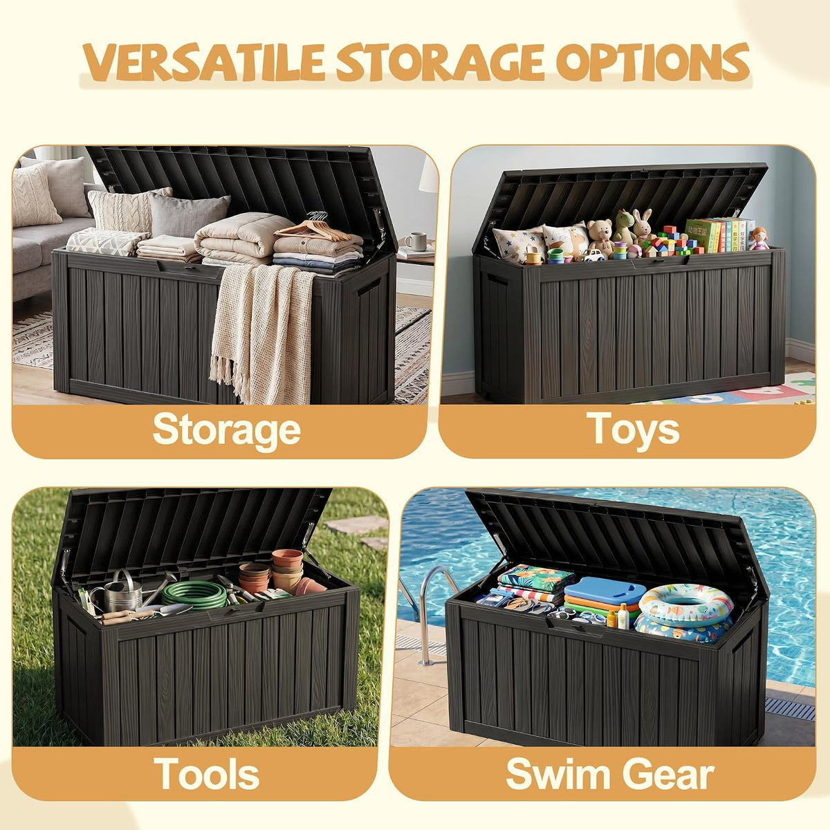 Outdoor Storage Box, 165 Gal Gen 2 Resin Deck Box w/ Gas Struts & Wheels