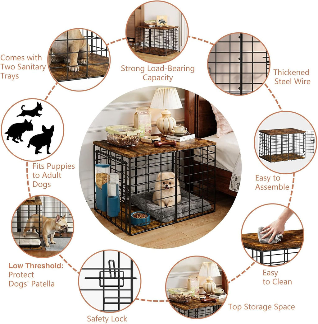 24 Inch Small Dog Crate Furniture - All-Season Indoor Dog Kennel with Wooden Top & Thickened Metal Wire, Cage for Small Dogs & Puppies Under 20 lbs.