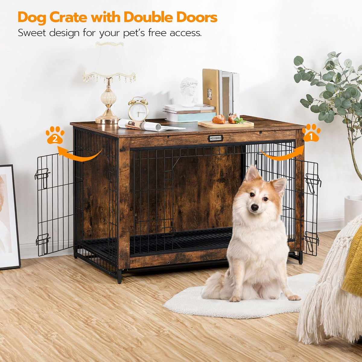 HOOBRO Dog Crate Furniture, 38.6" Large Dog Kennel Indoor, Wooden Cage with Pull-Out Tray, Double Doors Pet House Side End Table for