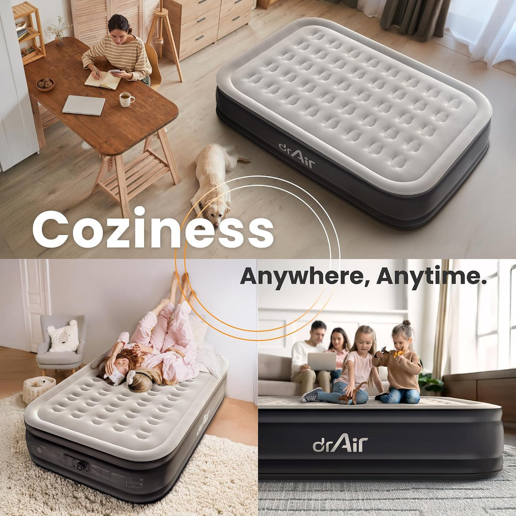 Dr. air Queen Air Mattress with Built-in Pump, 18" Raised Blow Up Mattress, 800 lbs Max Honeycomb Air Bed, 48Hr Leak-Proof Test, 3min Inflatable