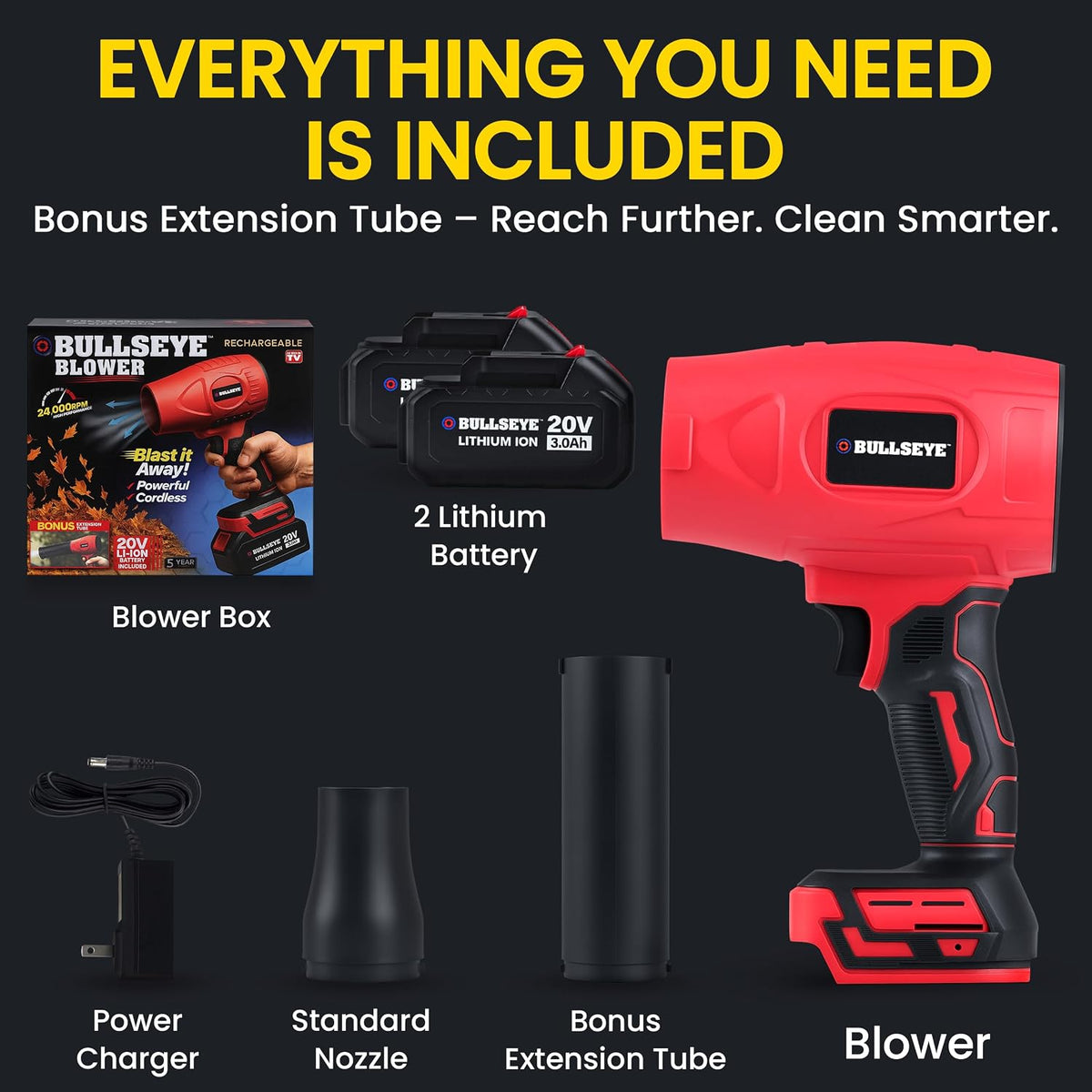 Bullseye Blower Cordless Leaf Blower, Handheld Turbo Jet with 2 Batteries, 20V 350W Electric Air Power for Patio, Garage Cleaning and Car Drying, As