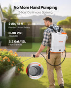VEVOR Battery Powered Backpack Sprayer 3.2 Gal, Powerful Electric Sprayer, Weed Sprayer for Garden and Lawn, Adjustable 0-90 PSI, 2 Retractable Wands
