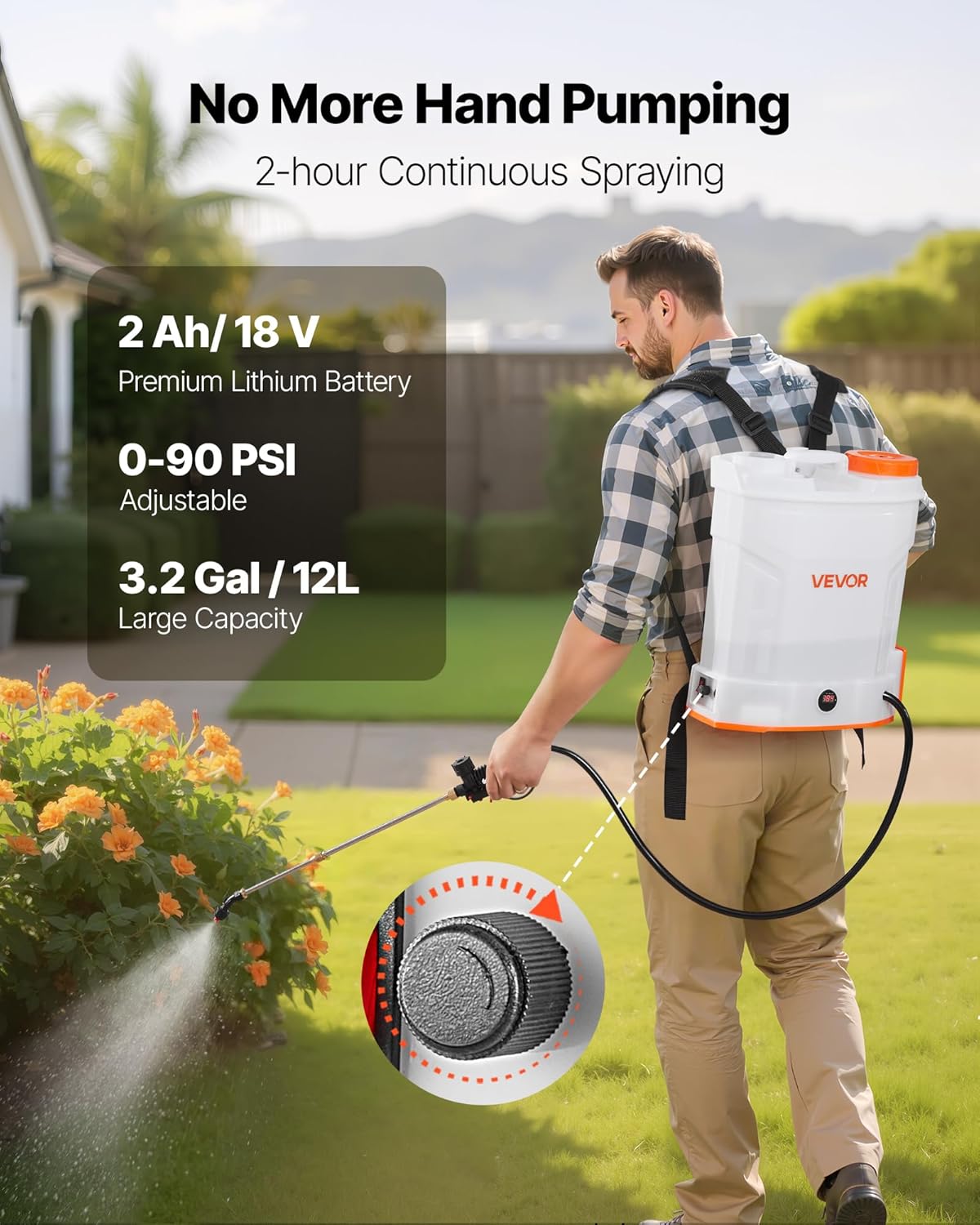 VEVOR Battery Powered Backpack Sprayer 3.2 Gal, Powerful Electric Sprayer, Weed Sprayer for Garden and Lawn, Adjustable 0-90 PSI, 2 Retractable Wands