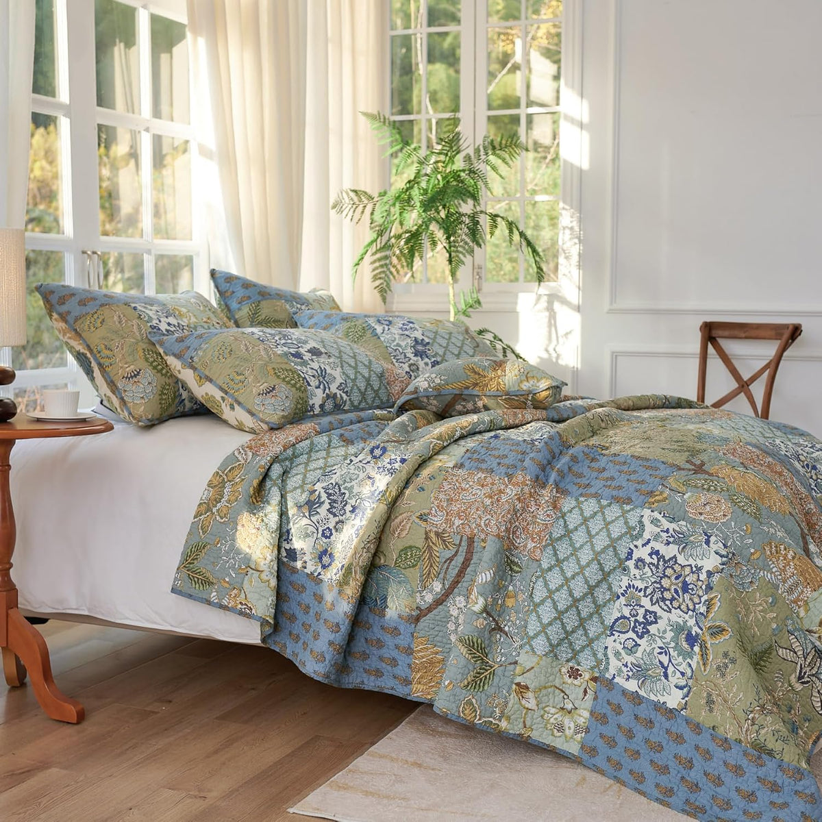 King Size Comforter Set- 100% Cotton Quilt King Size Set, Green, Sage bedspreads (96 * 108 Inch) with 2 Pillow Shams, Patchwork Reversible