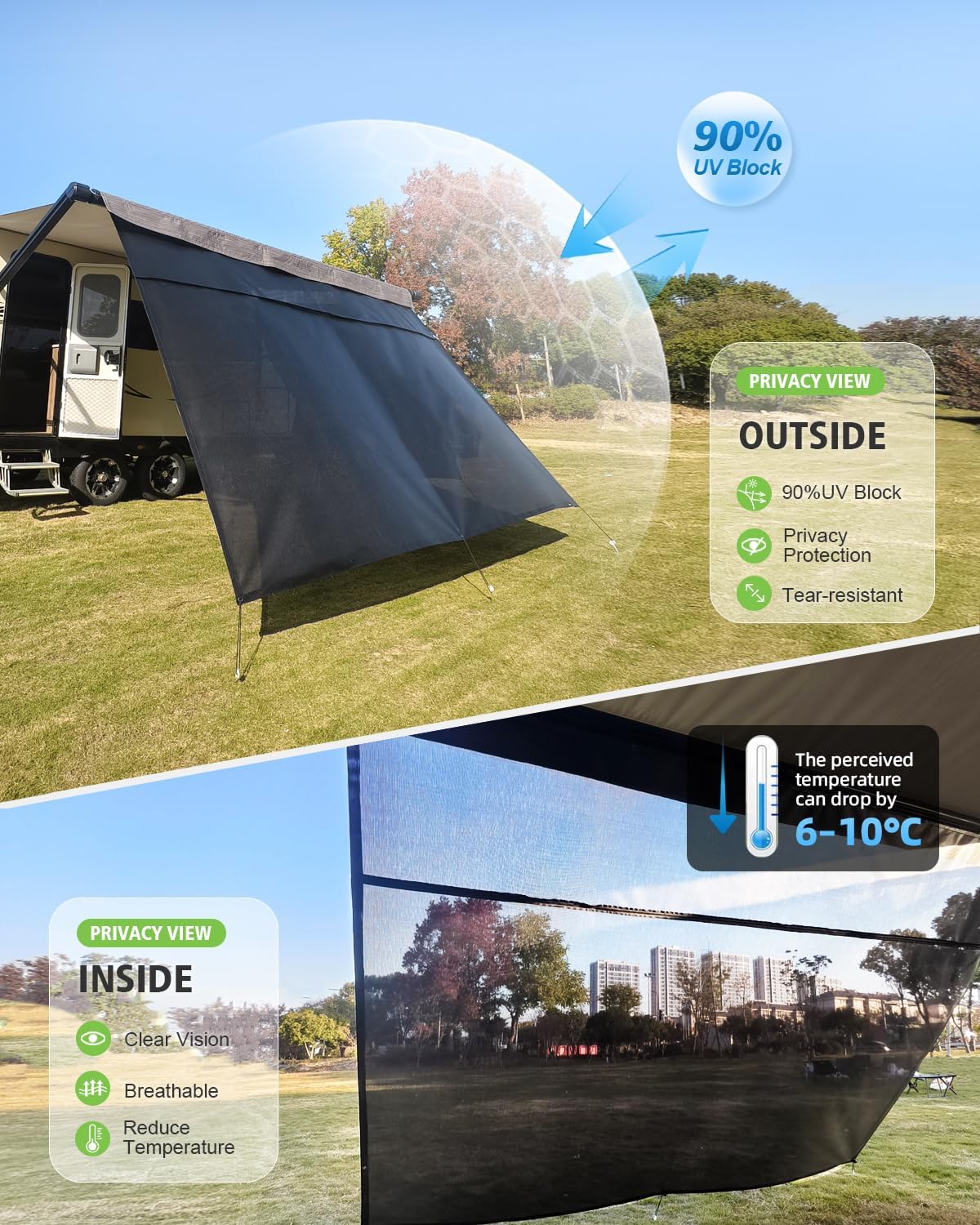 RV Awning Sun Shade Screen with Zipper, 8'x15'3" for 16' RV Awning