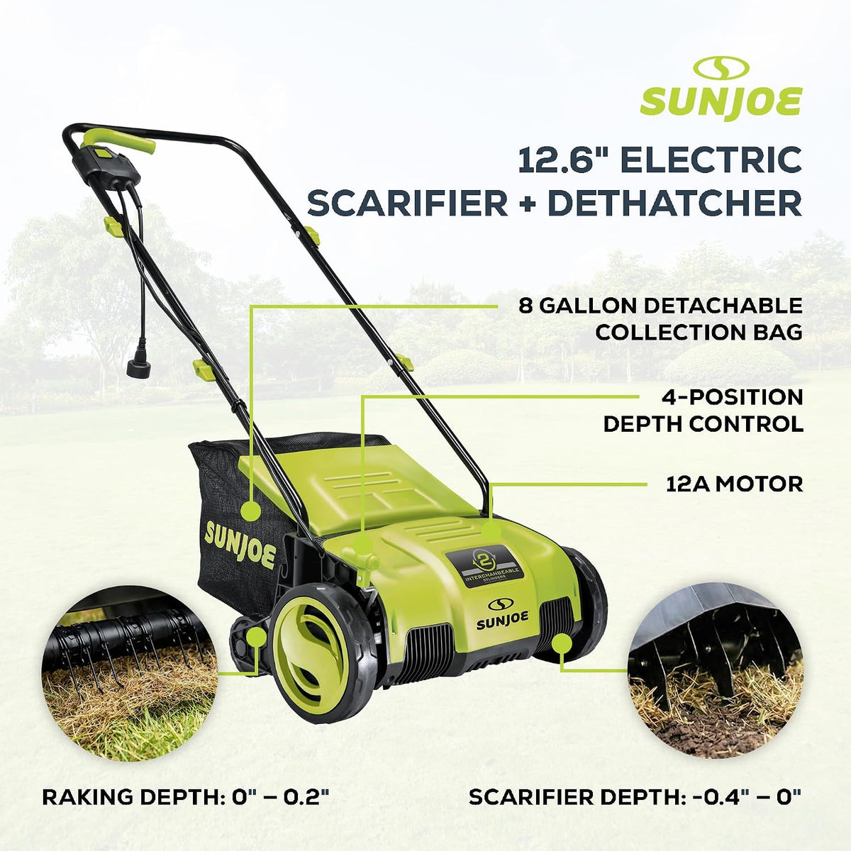 Sun Joe Corded Electric Lawn Dethatcher & Scarifier, 12-Amp, AJ798E