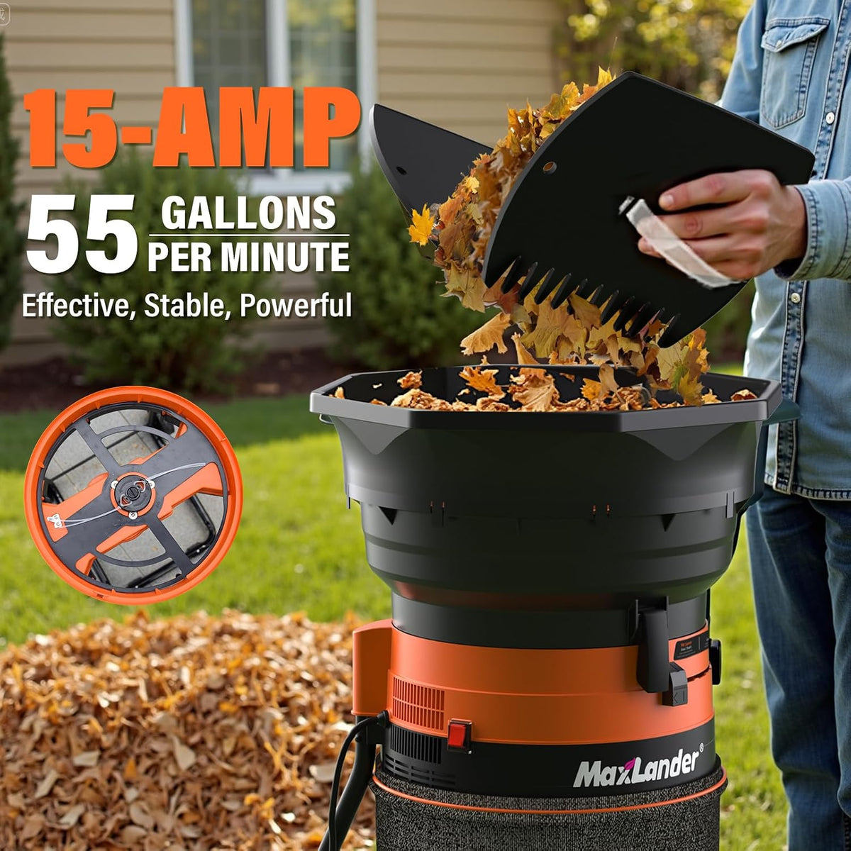MAXLANDER Electric Leaf Mulcher/Shredder, 15 Amp 8400 RPM, 18:1 Ratio, Adjustable Dial, with Goggles, Leaf Scoops/Gloves, 20 Cutting Lines-Portable