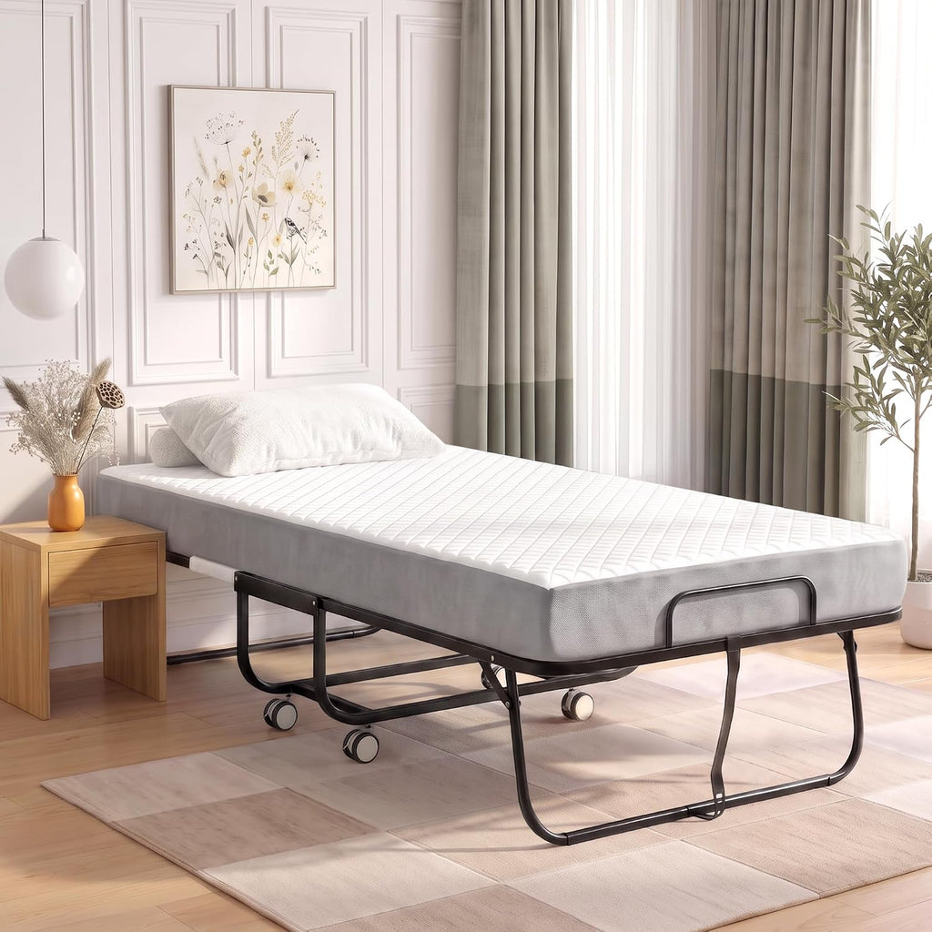 Folding Bed with Mattress, 75"x38" Portable Rollaway Guest Bed